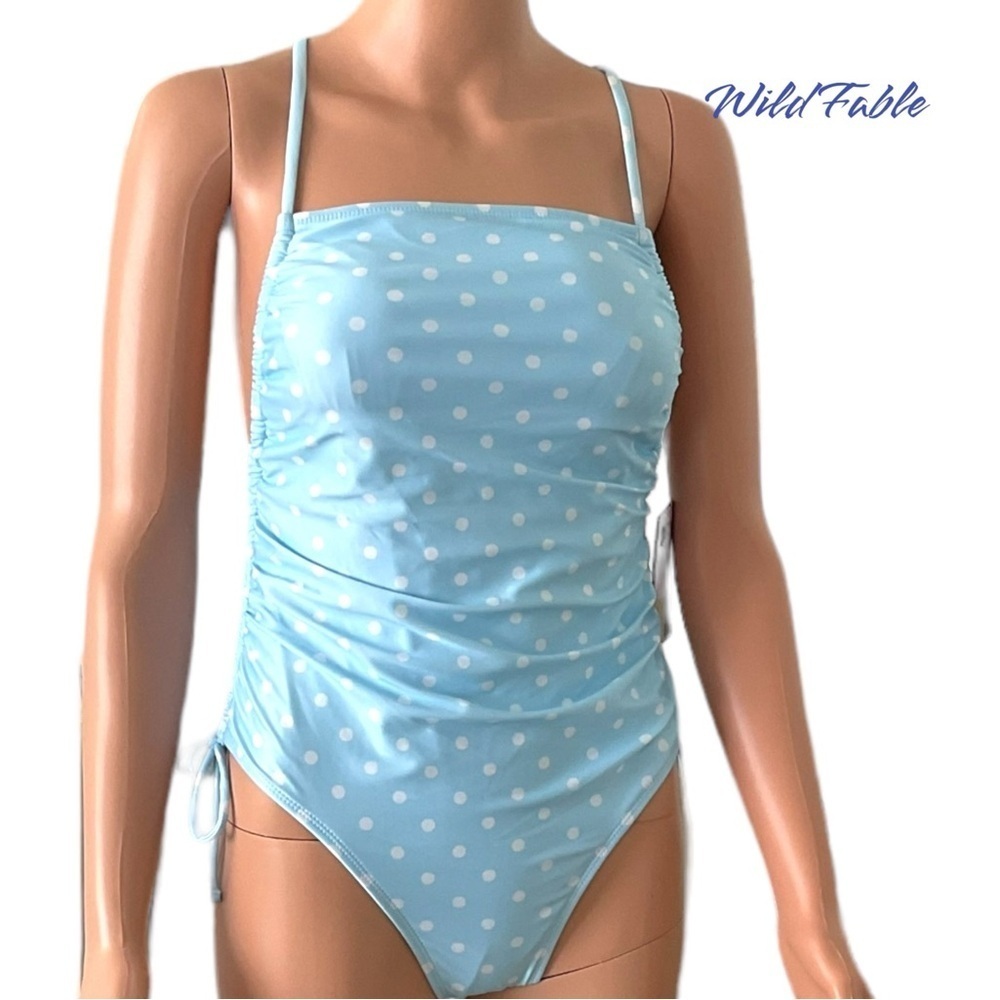 Wild Fable Blue White Polka Dot One Piece Side High Leg Swim Wear Suit NWT SZ S